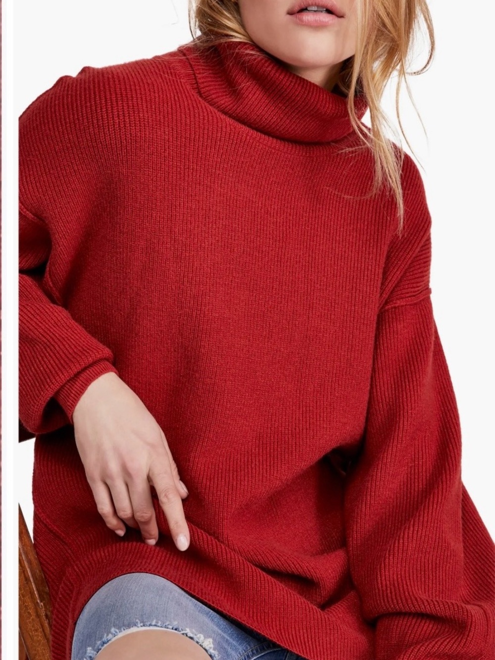 Free People Ottoman Slouchy Tunic Sweater red, ribbed, cowl neck, oversized S